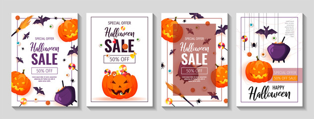 Happy Halloween promo sale flyers with Halloween elements. Scary pumpkins, cauldron, broom, flying bats, spiders, candies. Vector illustration for poster, banner, discount, special offer.