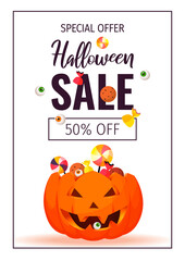 Wall Mural - Happy Halloween promo sale flyer. Scary pumpkin with candies. A4 vector illustration for poster, banner, discount, special offer.