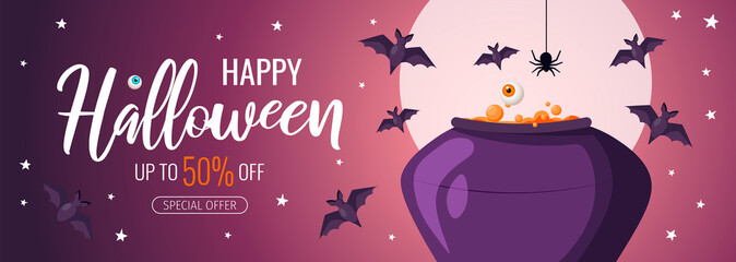 Wall Mural - Happy Halloween promo sale flyer with Halloween elements. Cauldron with brewing potion, flying bats, spider. Starry night and full moon. Vector illustration for poster, banner, special offer.