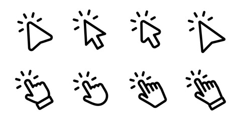 Set of Hand pointer symbol in trendy flat style. Computer mouse click cursor. Click cursor collection. Clicking finger. Hand pointer icon. Cursor