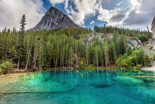 Clear Blue Water Of Grassi Lakes Near The Town Of Canmore In Alberta, Canada

