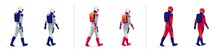 Rear view astronauts explorer walking on white background. Future moon mars red planet exploration mission crew. Starman in modern design style space suit with helmet. Isolated vector illustration.