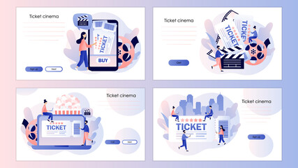 Movie tickets online sale. Tiny people buy tickets. Screen template for mobile smart phone, landing page, template, ui, web, mobile app, poster, banner, flyer. Modern flat cartoon style. Vector