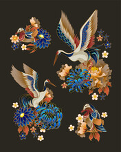 Compositions With Mandarin Ducks, Flowers And Cranes. Vector.