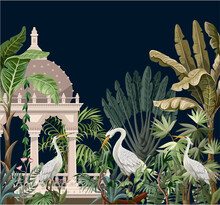 Border With Ancient Arbor And Herons In The Jungle. Vector.