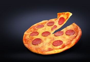 Hot tasty pepperoni pizza on dark background. Image for menu or poster