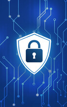 Shield With Padlock Illustration As Symbol Of Cyber Security And Circuit Board Pattern On Blue Background