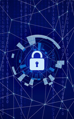 Padlock illustration as symbol of cyber security on blue background with binary code