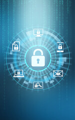 Cyber security concept. Scheme with padlock illustration and binary code on background