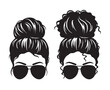 Vector illustration of straight and curly hair woman with messy buns and sunglasses silhouette.