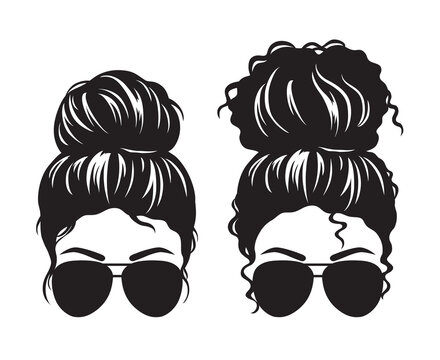 Fototapete - Vector illustration of straight and curly hair woman with messy buns and sunglasses silhouette.