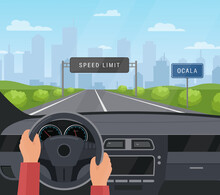 Driving Car Safety Concept Vector Illustration. Cartoon Flat Human Driver Hands Drive Automobile On Asphalt Road With Speed Limit, Safe Sign On Highway. Dashboard Inside Car Interior View Background