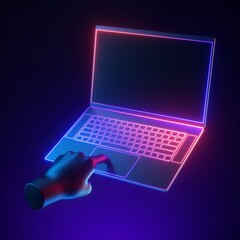 3d render hand with laptop. Neon glowing electronic device isolated on ultra violet background, body parts, simple clean design. Virtual reality. Futuristic technology concept. Digital illustration
