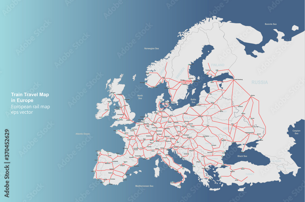 european rail map. travel train map in europe. 