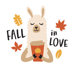 Vector illustration of a llama or alpaca drinking a pumpkin spice latte coffee to go during fall season.