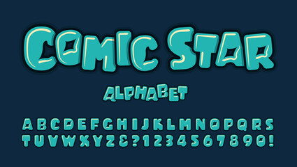 Comic Star is a Cartoon Alphabet with Unusual Cutouts and Line Highlights. Fun Font for Comics & Superhero Graphics. This Lettering Works Best when Each Letter is Rotated Randomly for an Uneven Base.