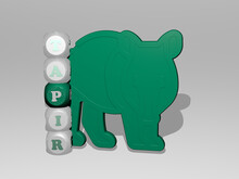 3D Representation Of Tapir With Icon On The Wall And Text Arranged By Metallic Cubic Letters On A Mirror Floor For Concept Meaning And Slideshow Presentation. Animal And Illustration