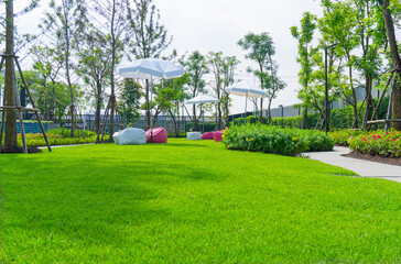 garden of green grass lawn, white and red beanbag under white umbrella, trees in park