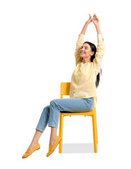 Wall Mural - Young woman relaxing on chair against white background