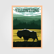 Bison On Yellowstone National Park Vintage Poster Vector Illustration, Travel Poster Design