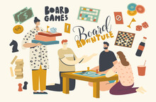 Characters Playing Board Games. Group Of Young People Play Together On Weekend Sitting Around Table, Time With Friends