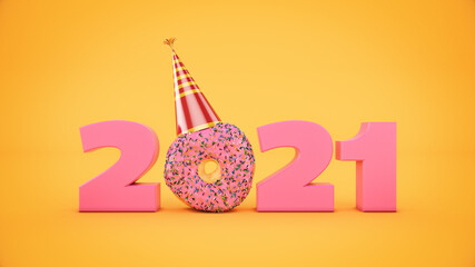 Wall Mural - Donut with party hat concept 2021 New Year sign. 3d rendering	
