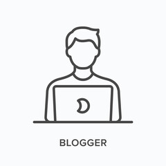 Man working on laptop flat line icon. Vector outline illustration of person using computer for distant work. Blogger thin linear pictogram