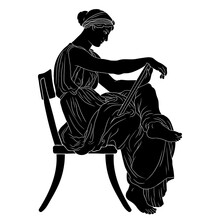 Ancient Greek Woman Sits On A Chair Holding A Manuscript In Her Hands And Reads.