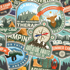 Wall Mural - summer camp colorful seamless pattern with rv trailer, camping tent, campfire, bear,camping tent and