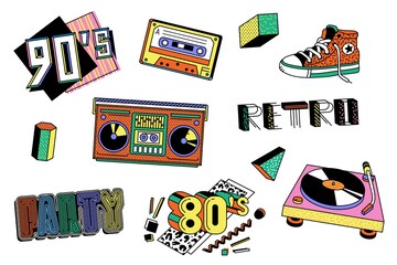 colorful 80s and 90s sticker set - retro boombox, record player, cassette tape