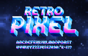 Retro Pixel alphabet font. Metallic effect letters and numbers. Digital pixel background. 80s arcade video game typescript.