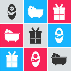 Canvas Print - Set Newborn baby infant swaddled, Baby bathtub and Gift box icon. Vector.