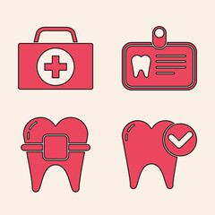 Wall Mural - Set Tooth whitening concept, First aid kit, Id card with tooth and Teeth with braces icon. Vector.