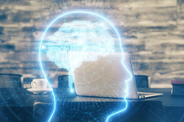 Double exposure of desktop computer and human brain drawing hologram. Ai concept.