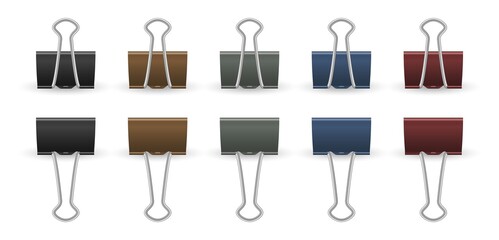 Wall Mural - Realistic paper clips. Push pins, isolated gold black and color office accessories. 3D clamps, isolated stationery vector collection. Paperclip attach, clip fix organizer illustration