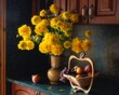 © Iryna - Still life with bouquet of yellow flowers and fruits