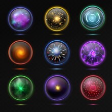Magical Crystal Orbs. Glowing Energy Sphere And Shiny Lightning, Spiritual Glass Globe Occult Prediction Future, Magic Balls 3d Vector Set