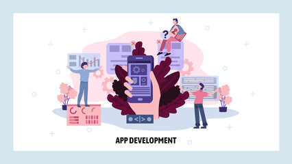Team of developers create mobile phone application. Business app development concept. Vector web site design template. Landing page website illustration
