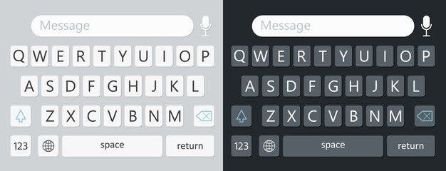 Keyboard for smartphone. Alphabet on keypad for mobile. UI with qwerty on screen. Interface pad in phone with buttons for text, message, chat, sms. Icon and template with wireframe for app. Vector