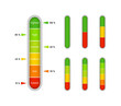 © Wise ant - Meter bar on gauge. Level of progress on scale with indicator. High - green and low - red vertical level of measure. Percentage performance, power on graphic color ruler. Comparison of speed. Vector