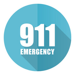 Poster - Number emergency 911 vector icon, flat design blue round web button isolated on white background