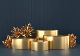 Abstract Gold stage platform with crystal, template for advertising product, 3d rendering.