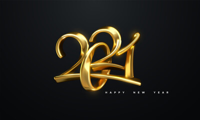 Poster - Happy New 2021 Year. Holiday vector illustration of golden metallic calligraphic numbers 2021. Realistic 3d sign. Festive poster or banner design. Modern lettering composition