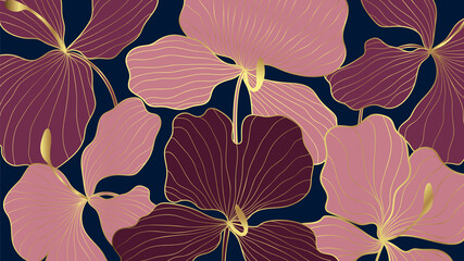 Luxury elegant gold orchids floral line arts pattern and black background. Topical flower wallpaper design, Fabric, surface design. Vector illustration.