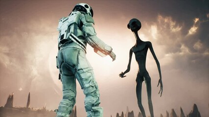Wall Mural - meeting an alien and an astronaut on a mysterious planet in a distant deep space. animation for fant
