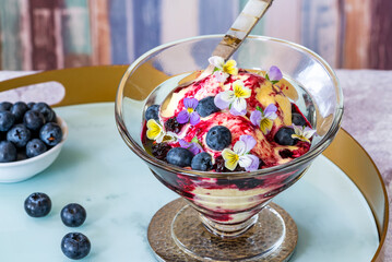 Canvas Print - Ice cream dessert with blueberry and cardamom compote