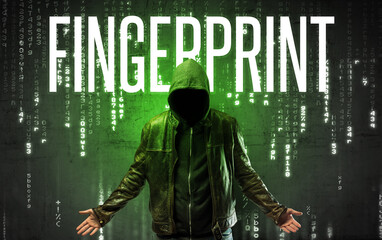 Faceless hacker with FINGERPRINT inscription, hacking concept