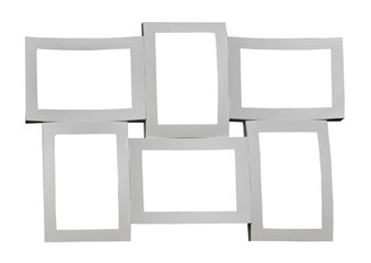 Collage of six white or grey frames: three horizontal and three vertical frames for photos, paintings, images, texts isolated on a white background