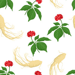 Wall Mural - Seamless pattern with ginseng root and plant with green leaves. Vector illustration in cartoon flat style. Healing herbs background