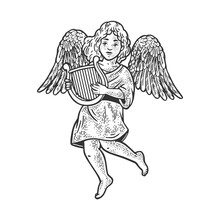 Angel With Lyre Sketch Vector Illustration